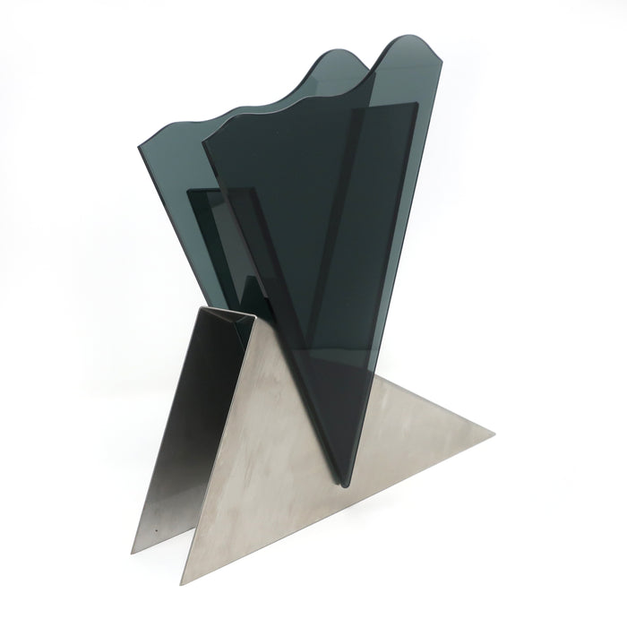 1980s Asymmetrical Smoked Glass & Metal Vase