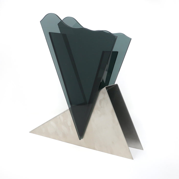 1980s Asymmetrical Smoked Glass & Metal Vase