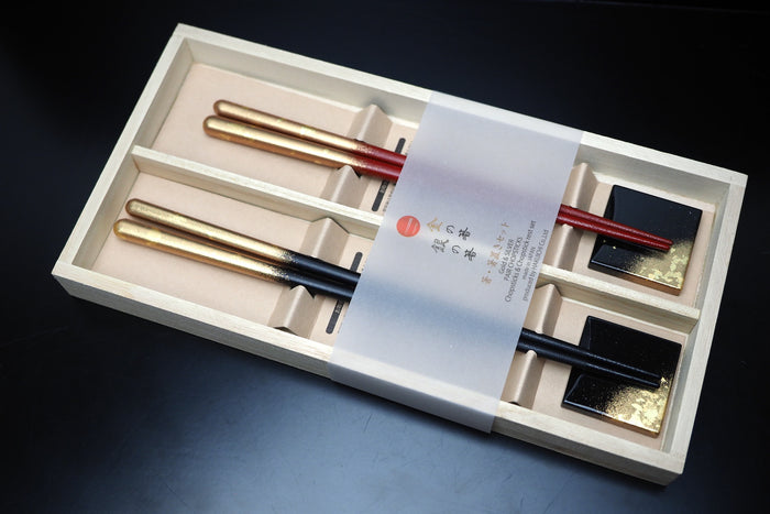 2 Chopsticks & 2 Chopstick Rest Set- Hazy Gold (black & red)