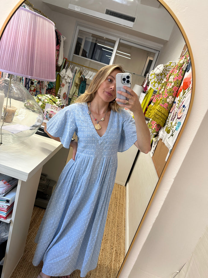 Mina Pleated Midi Dress - Indigo Swiss Dot