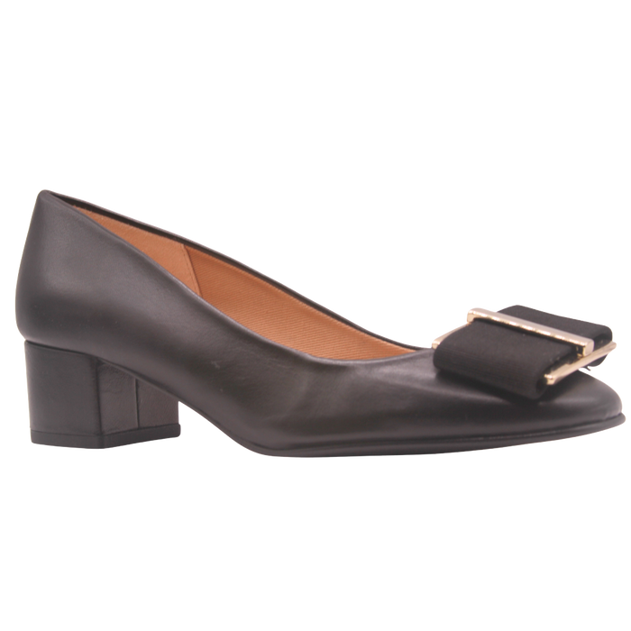 black leather low block heel with a gold metal and black grosgrain buckle detail on toe box square toe  - angle view