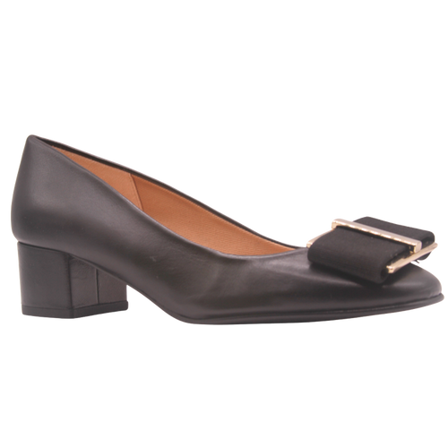 black leather low block heel with a gold metal and black grosgrain buckle detail on toe box square toe  - angle view