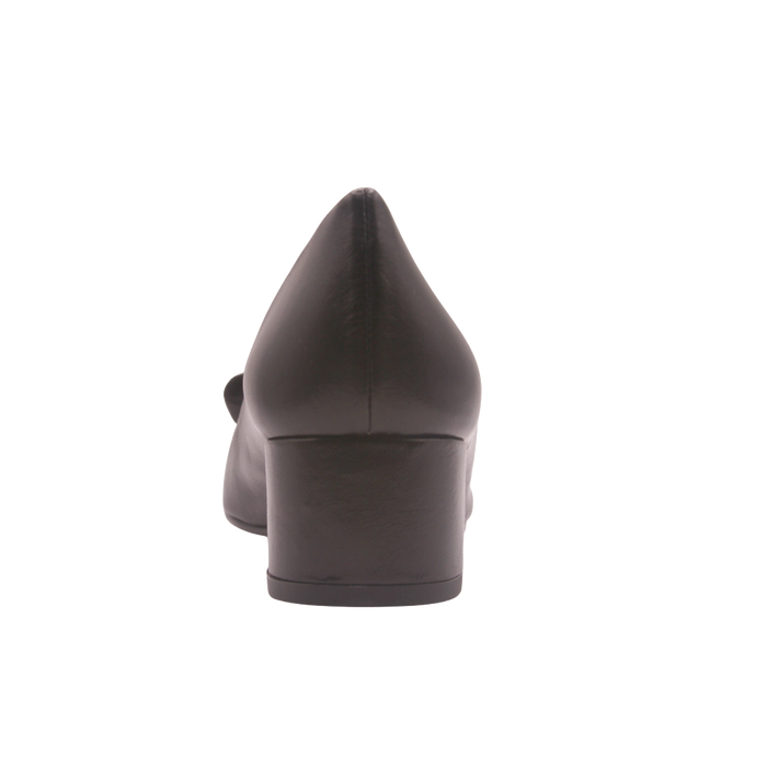 back of the black leather low block heel