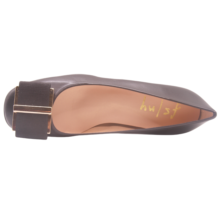 black leather low block heel with a gold metal and black grosgrain buckle detail on toe box square toe  - top view