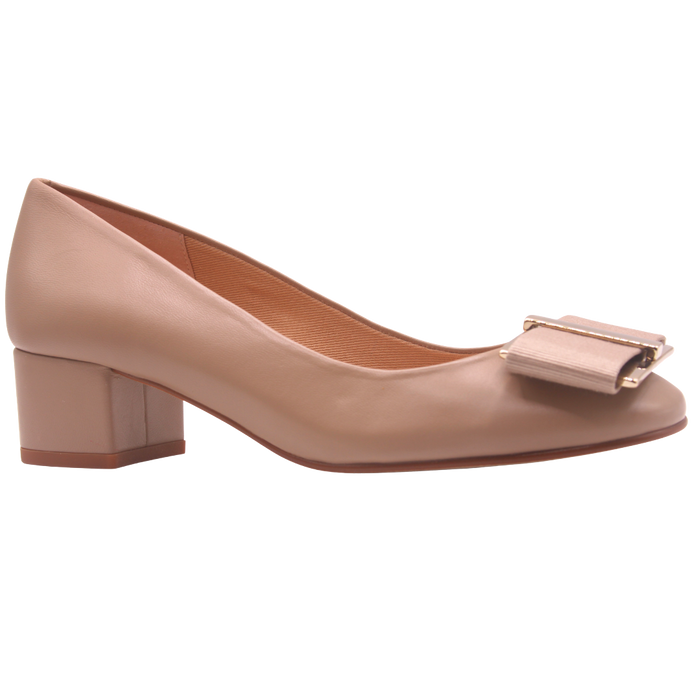 latte (light Beige) low block heel with gold metal and beige grosgrain buckle detail square toe slip on heel. angle view