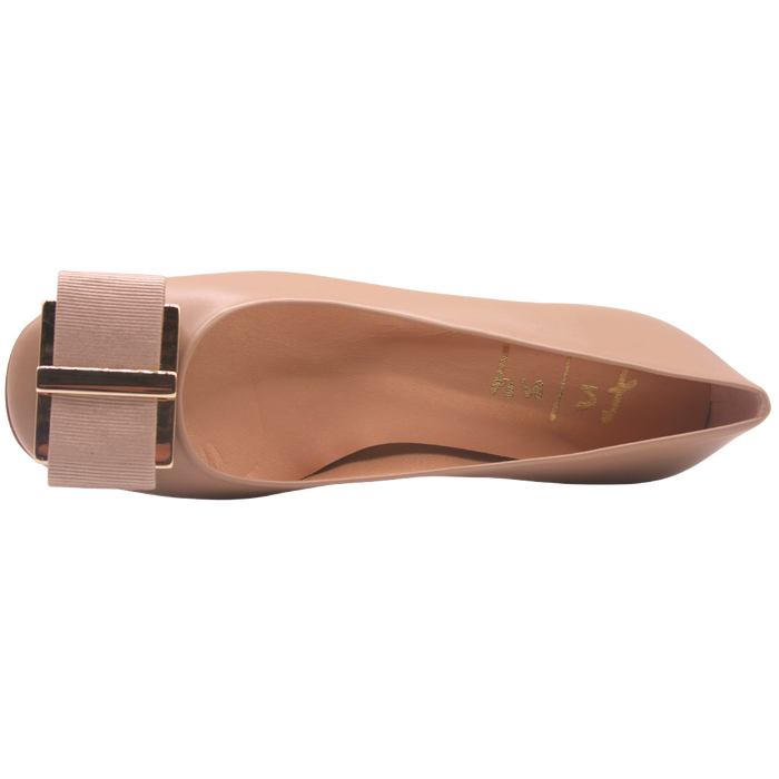 latte (light Beige) low block heel with gold metal and beige grosgrain buckle detail square toe slip on heel. top view