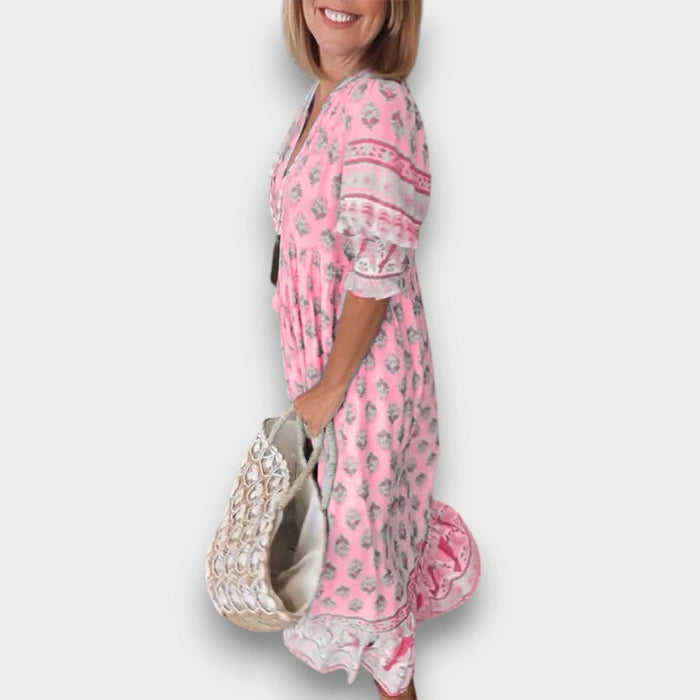 Airy Boho Dress with 3/4 Sleeves and Laced Neckline