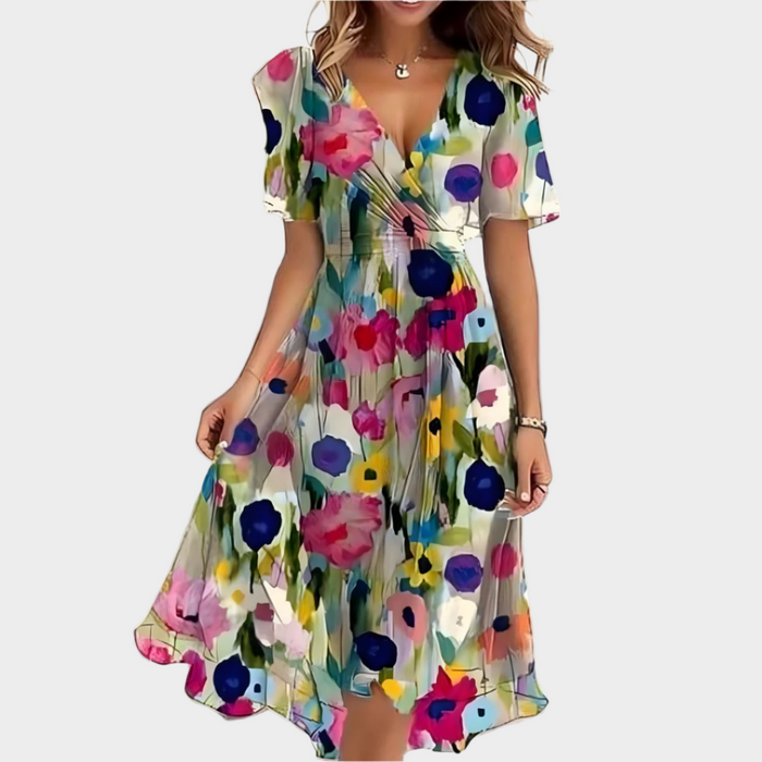 Airy Dress with Floral Design and V-Neck