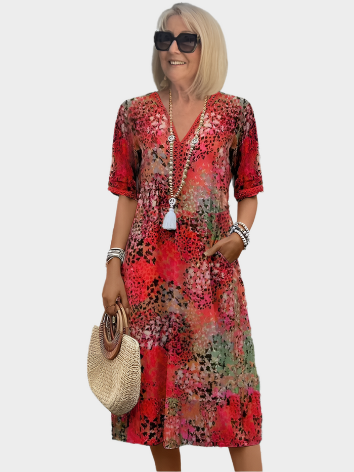 Airy Summer Dress with Summer Pattern and V Neckline