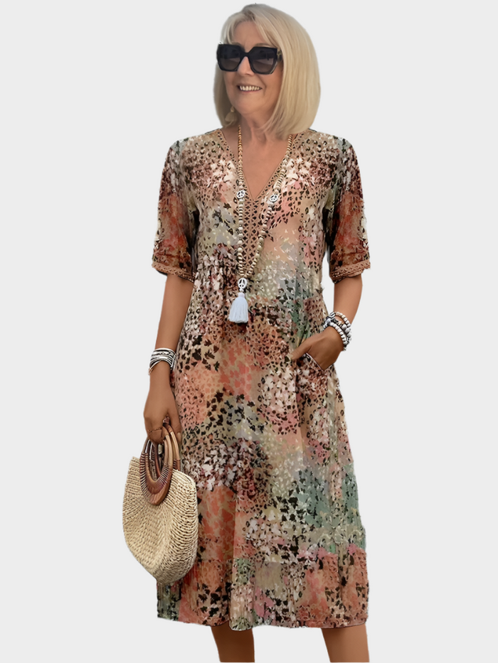 Airy Summer Dress with Summer Pattern and V Neckline