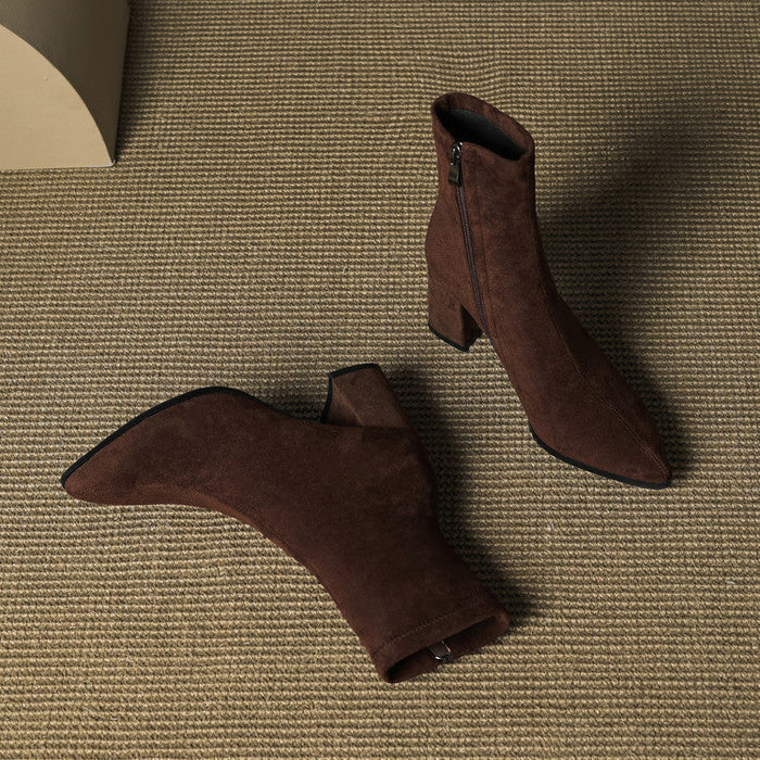 Alora | Women Suede Ankle Boots Block Heel Side Zip