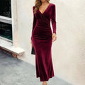 Women's Velvet Long-Sleeve V-Neck Formal Dresses Ruched Midi - Green
