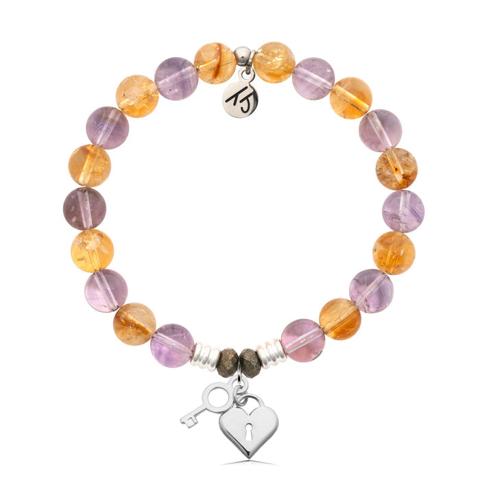 Amethyst Citrine Gemstone Bracelet with Key to My Heart Sterling Silver Charm