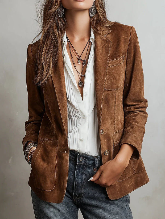Women's Faux Suede Tailored Single-Breasted Cardigan Blazer