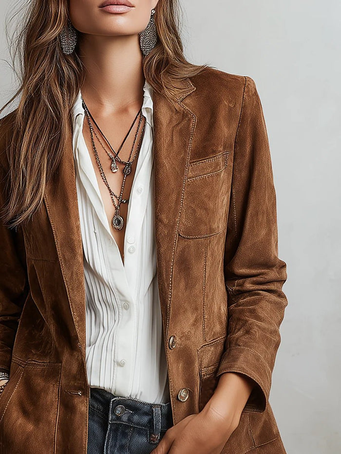 Women's Faux Suede Tailored Single-Breasted Cardigan Blazer