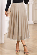 Apricot Tulle Mesh Overlay Flared Midi Skirt