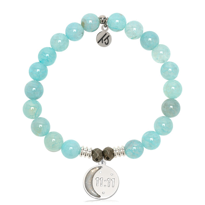 Aqua Fire Agate Gemstone Bracelet with 11:11 Sterling Silver Charm