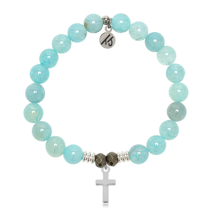 Aqua Fire Agate Gemstone Bracelet with Cross Sterling Silver Charm