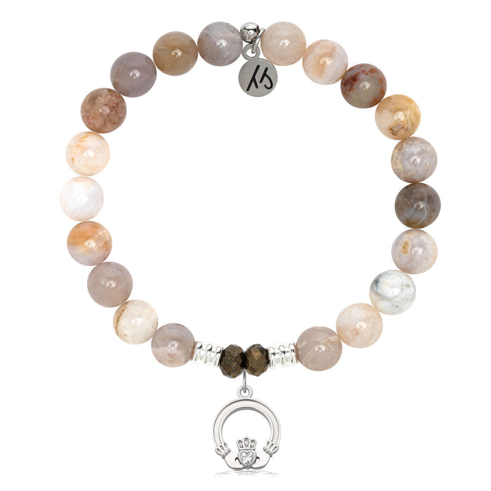 Australian Agate Gemstone Bracelet with Claddagh Sterling Silver Charm