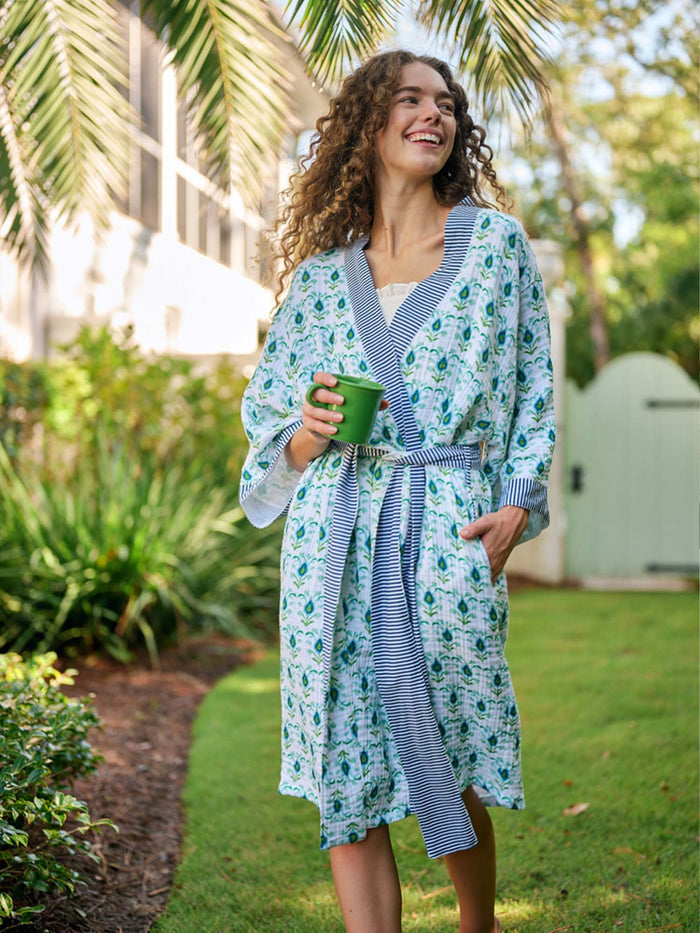 Bathrobe - Rosemary Blue & White