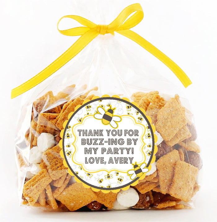 Personalized bee-themed sticker for children’s birthday party favors.
