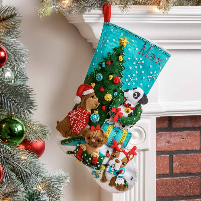 Bucilla Christmas Dogs Felt Stocking 18"
