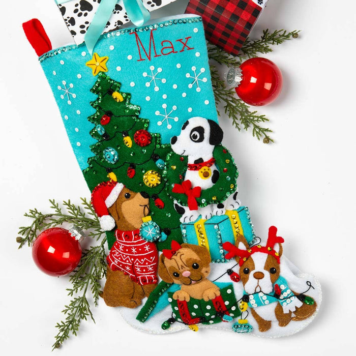 Bucilla Christmas Dogs Felt Stocking 18"
