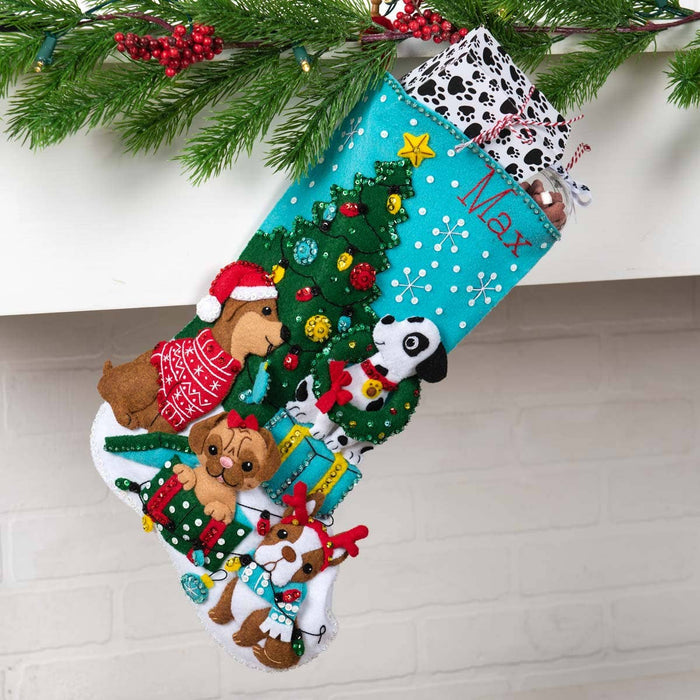 Bucilla Christmas Dogs Felt Stocking 18"
