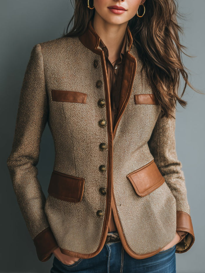 Women's Vintage Herringbone Tweed Leather-Trim Button-Front Jacket