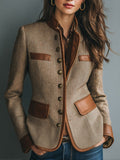 Women's Vintage Herringbone Tweed Leather-Trim Button-Front Jacket