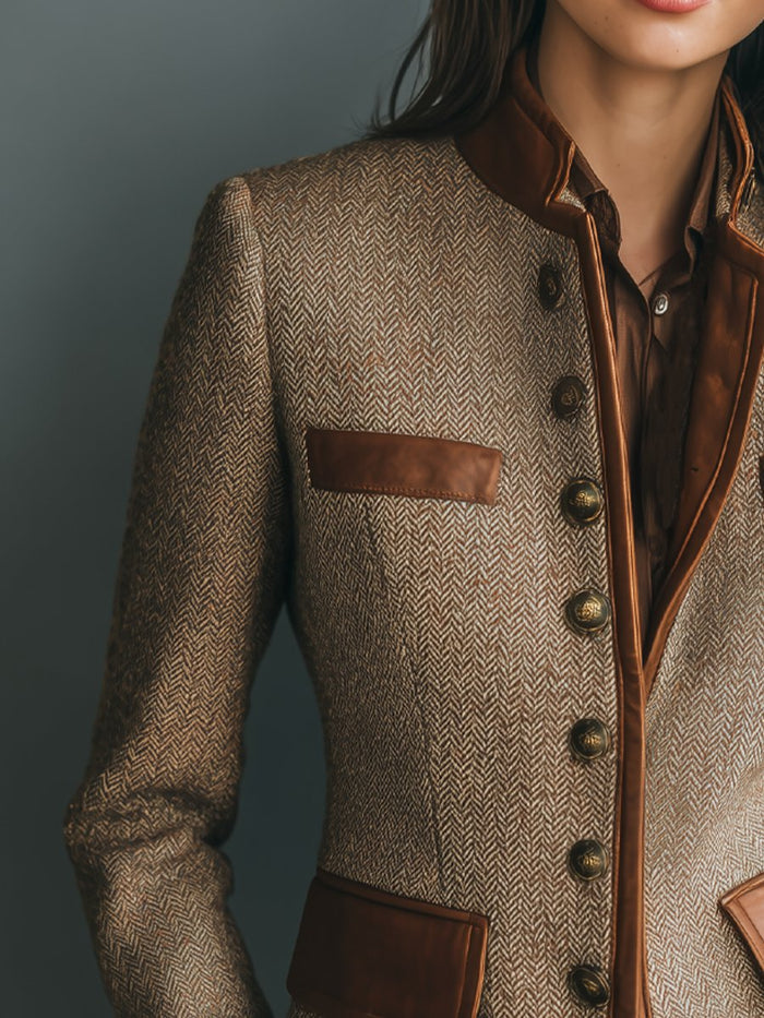 Cara | Women's Herringbone Tweed Blazer with Leather Trim