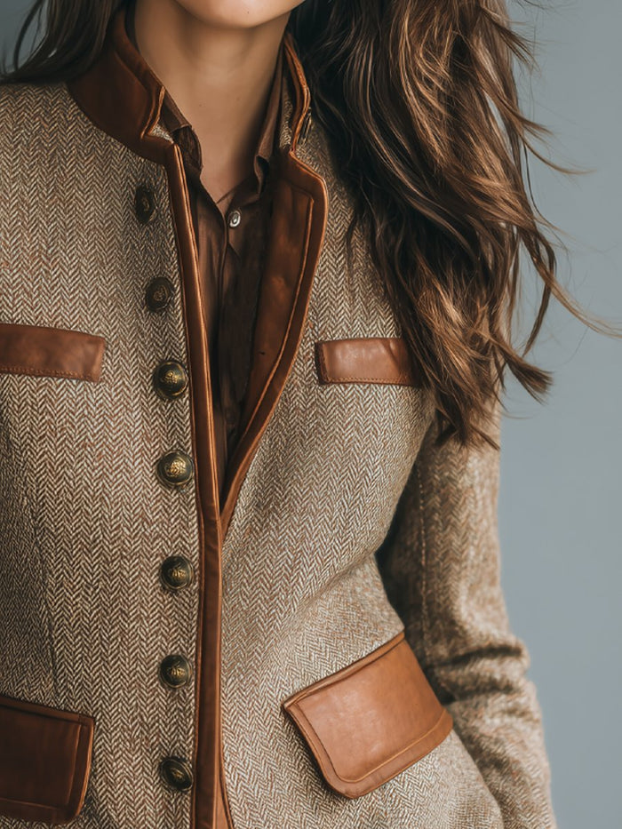 Cara | Women's Herringbone Tweed Blazer with Leather Trim