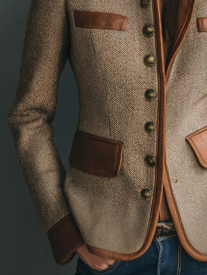 Cara | Women's Herringbone Tweed Blazer with Leather Trim