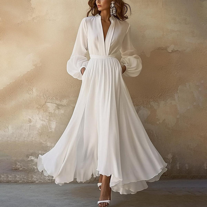 Women's Deep V-Neck Long Sleeve Flowy Chiffon Formal Dress - White