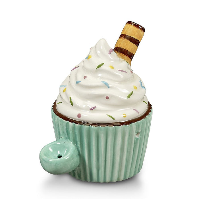 Ceramic cupcake hand pipe with chocolate bar mouthpiece and rainbow sparklers
