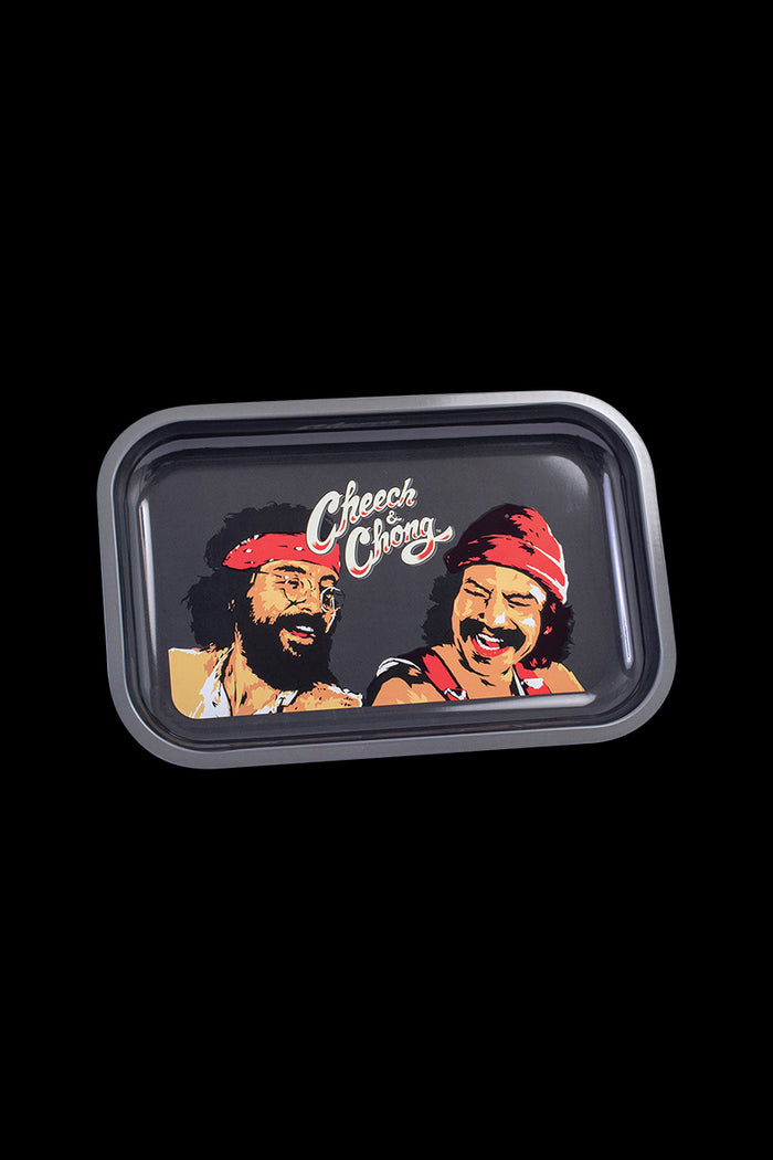 A top-down view of the Cheech & Chong Metal Rolling Tray - Laughing Friends, showcasing a colorful graphic of the duo on a silver metal surface.