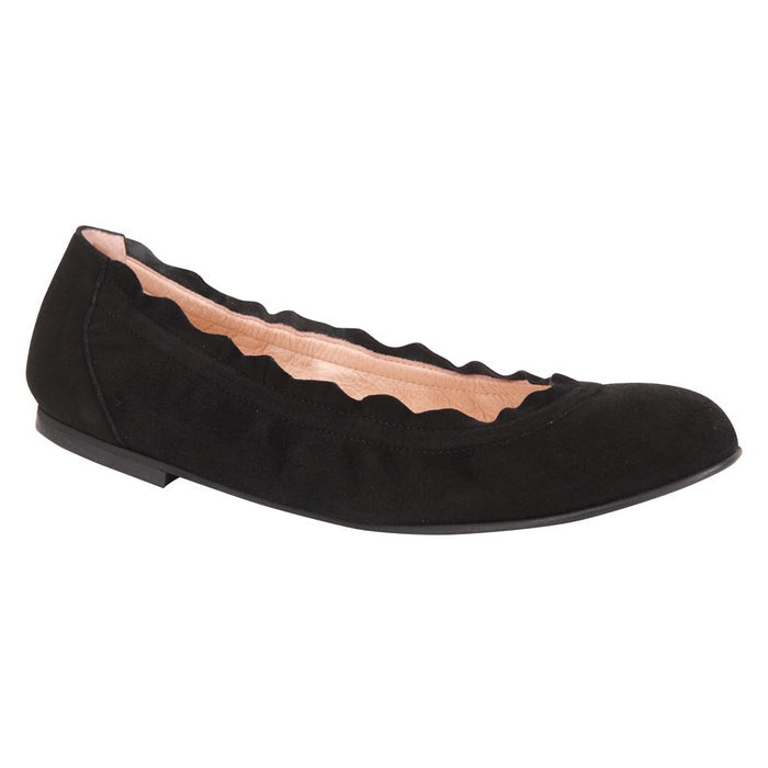 black suede ballet flat with a rounded toe and elasticated topline. angle view
