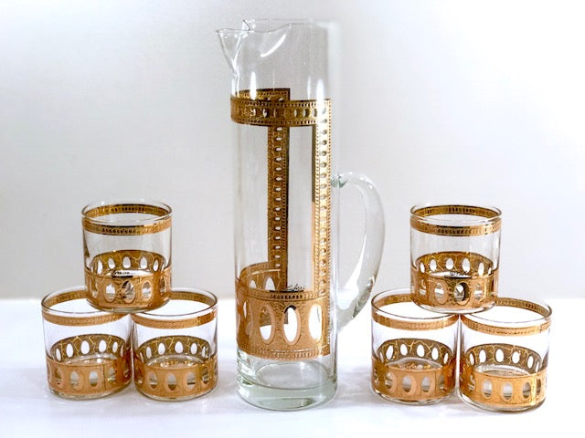Culver Signed Antigua Mid-Century 22-Karat Gold Martini & Whiskey 7-Piece Bar Set