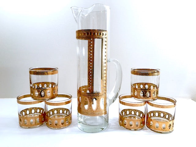 Culver Signed Antigua Mid-Century 22-Karat Gold Martini & Whiskey 7-Piece Bar Set