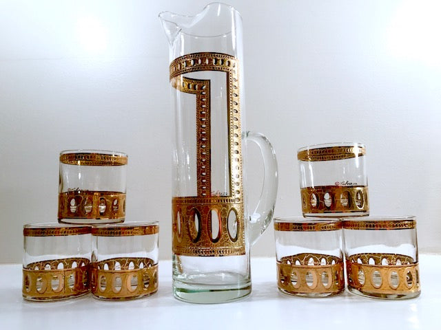 Culver Signed Antigua Mid-Century 22-Karat Gold Martini & Whiskey 7-Piece Bar Set