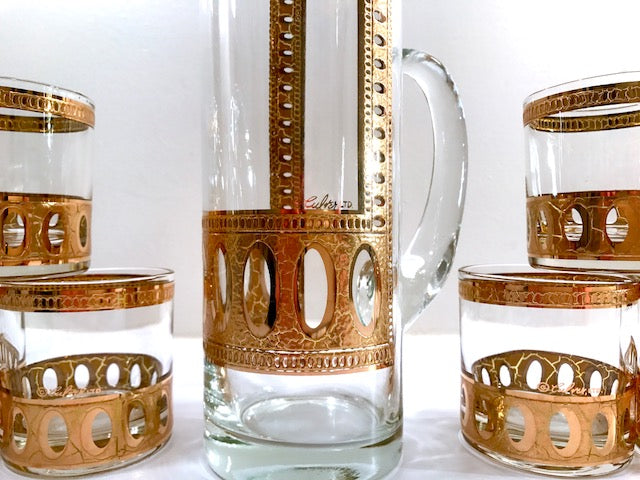 Culver Signed Antigua Mid-Century 22-Karat Gold Martini & Whiskey 7-Piece Bar Set