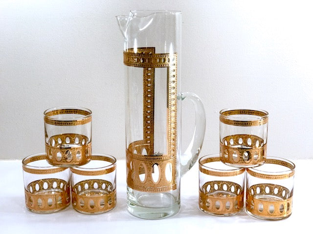 Culver Signed Antigua Mid-Century 22-Karat Gold Martini & Whiskey 7-Piece Bar Set