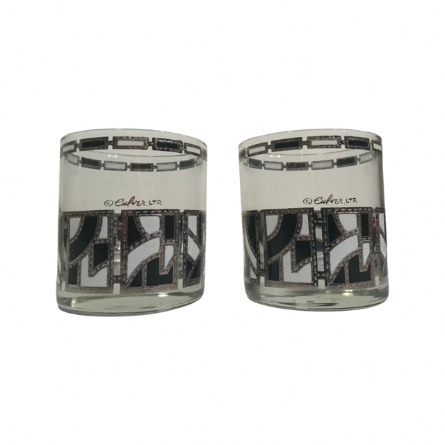Culver Signed Black White and Silver Abstract Glasses (Set of 2)