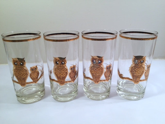 Culver Signed Mid-Century 22-Karat Gold Retro Owl Tall Glasses (Set of 4)