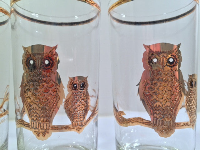 Culver Signed Mid-Century 22-Karat Gold Retro Owl Tall Glasses (Set of 4)