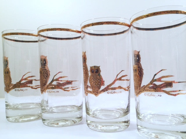 Culver Signed Mid-Century 22-Karat Gold Retro Owl Tall Glasses (Set of 4)