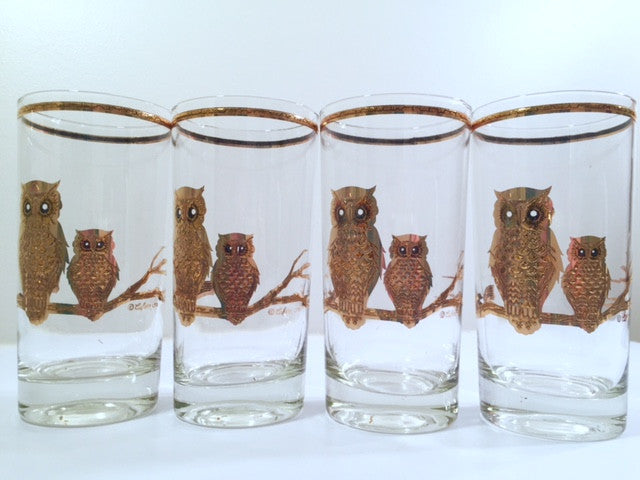 Culver Signed Mid-Century 22-Karat Gold Retro Owl Tall Glasses (Set of 4)
