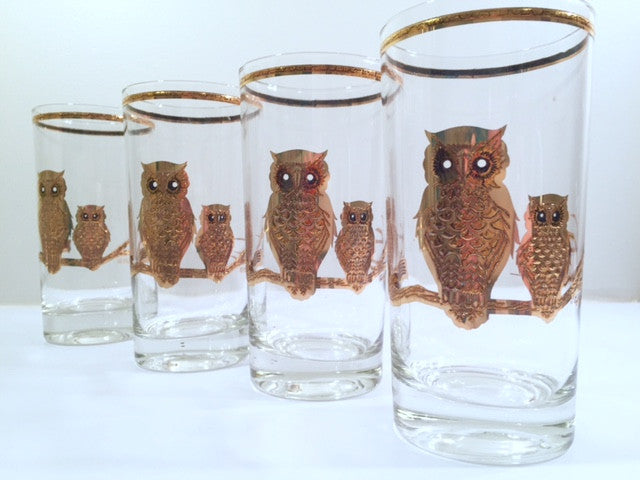 Culver Signed Mid-Century 22-Karat Gold Retro Owl Tall Glasses (Set of 4)