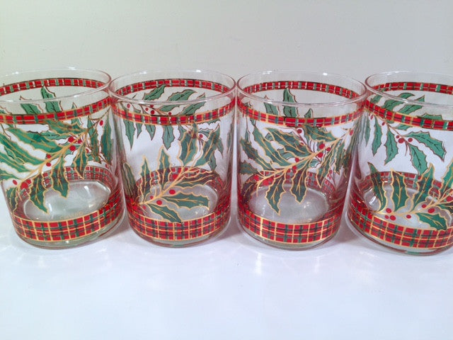 Culver Signed Mid-Century Christmas Holly and Berry Double Old Fashion Glasses (Set of 4)