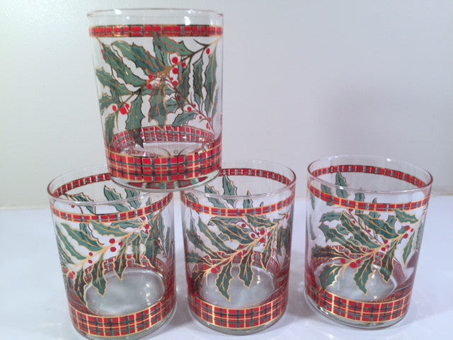Culver Signed Mid-Century Christmas Holly and Berry Double Old Fashion Glasses (Set of 4)